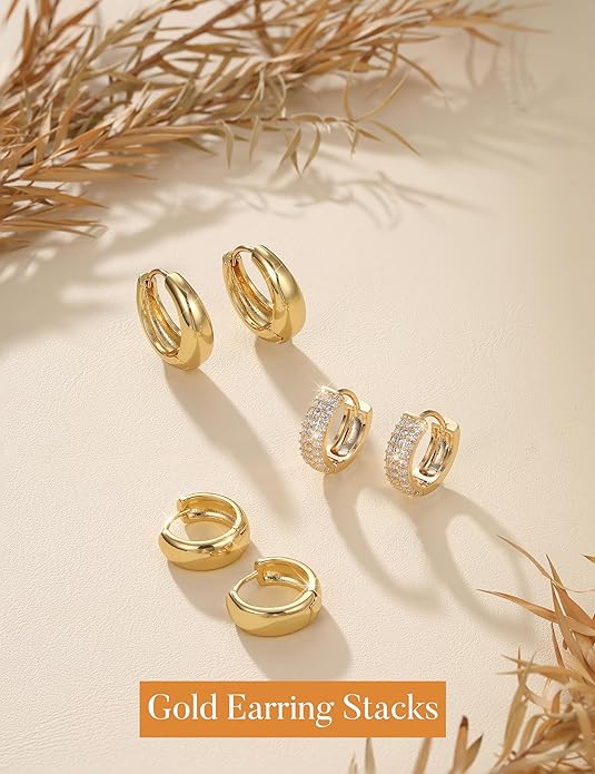 MILACOLATO 3 Pairs Small 14K Gold Plated Hoop Earrings for Women Trendy Hypoallergenic Silver Earring Stacks Huggie Hoops Earring Sets for Multiple Piercing Chunky Double Hoop Jewelry Lightweight