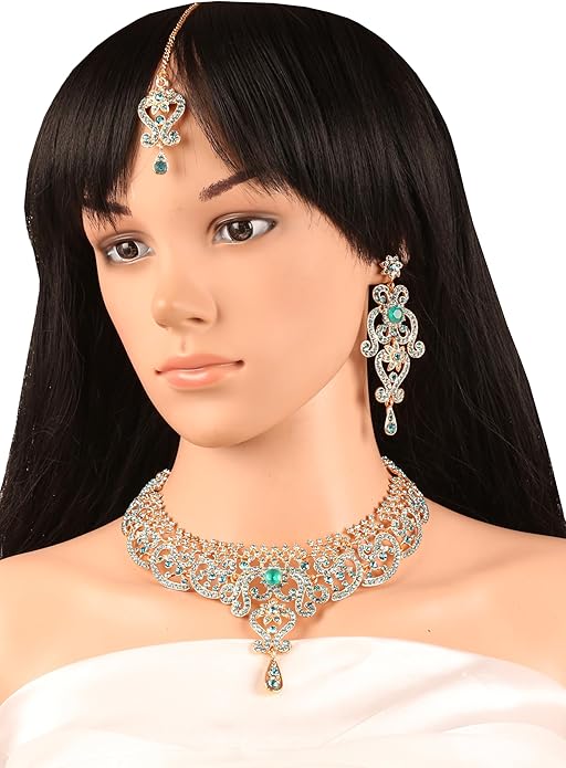 Touchstone Indian jewelry set for women bollywood gold jewellery wedding outfits necklace sets earrings bridal maang tikka fancy costume girls big desi accessories rhinestone in gold or silver tone