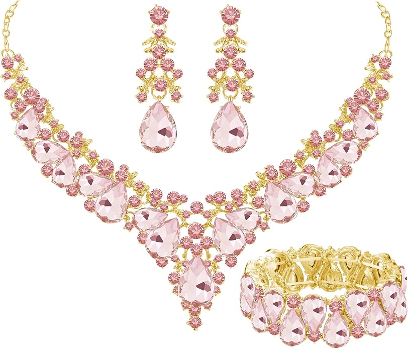 Elegant Bridal Wedding Jewelry Set for Women/Brides/Bridesmaids Teardrop Crystal Leaf Cluster Jewelry Set for Wedding Prom Party Bridal Bridesmaids Rhinestone Crystal Necklace Earrings Bracelet Set