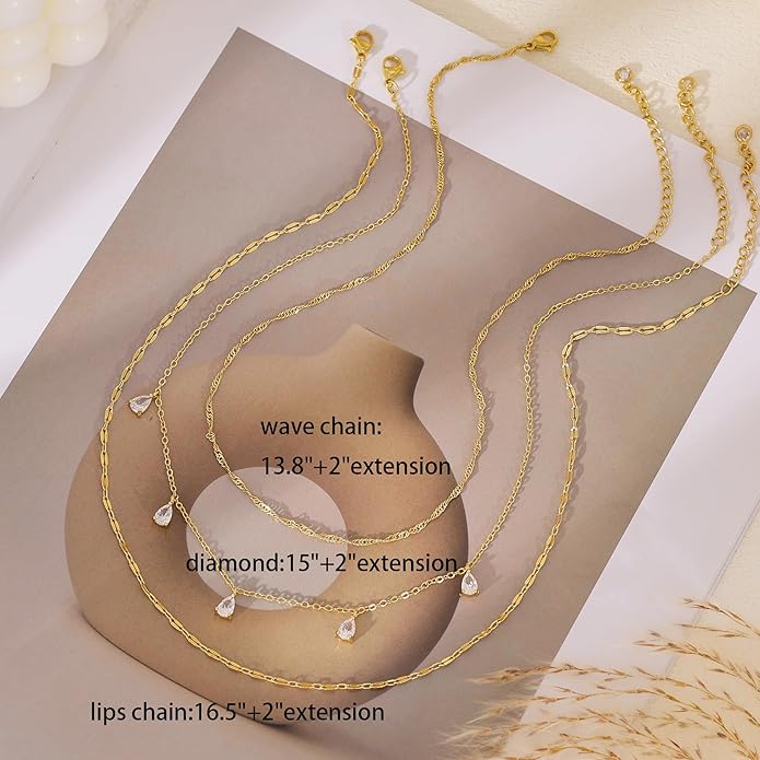 Layered Necklaces for Women, Dainty Gold Necklace Stack 14k Gold Plated Layering Cubic Zirconia Choker Necklaces for Women Trendy Simple Layered Gold Necklace Set Fashion Jewelry