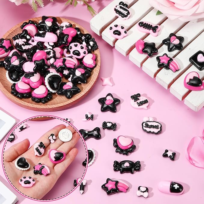 Giegxin 40 Pcs Pink and Black Valentine's Day Resin Charm Love Heart Bow Star Cat Claw Bone Meteor Flatback Cabochon Accessories Cute Embellishment Bulk for Jewelry Cellphone Case Scrapbooking DIY