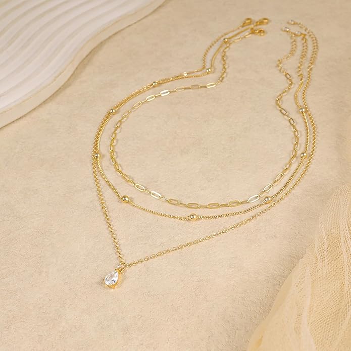 Layered Necklaces for Women,Dainty 14k Gold Plated CZ Layered Choker Necklace for Women Trendy Non Tarnish Hypoallergenic Beaded Paperclip Chain Necklace Stack Women's Minimalist Gold Jewelry Gifts