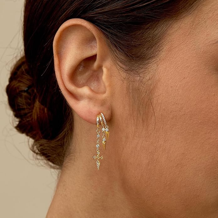 Dangle Earrings For Women,Dainty 14K Gold Plated Hypoallergenic Small Triple Huggie Hoop Earring Gothic Cute Cross Moon Star Drop Earrings For Women Trendy Gold Statement Stud Earring Jewelry