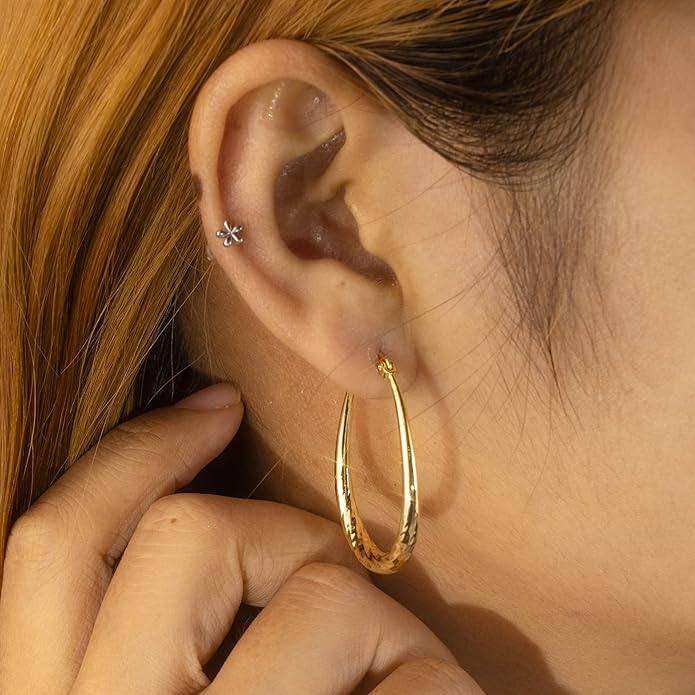 Silver Oval Hoop Earrings Hypoallergenic 14K Gold Plated Sterling Silver Lightweight Oval Hoop Earrings for Women Gilrs