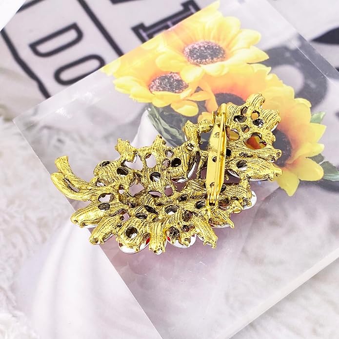 LAXPICOL Vintage Green Austrian Crystal Flower Leaf Bouquet Clusters Large Big Brooch Pin for Women Gold Tone