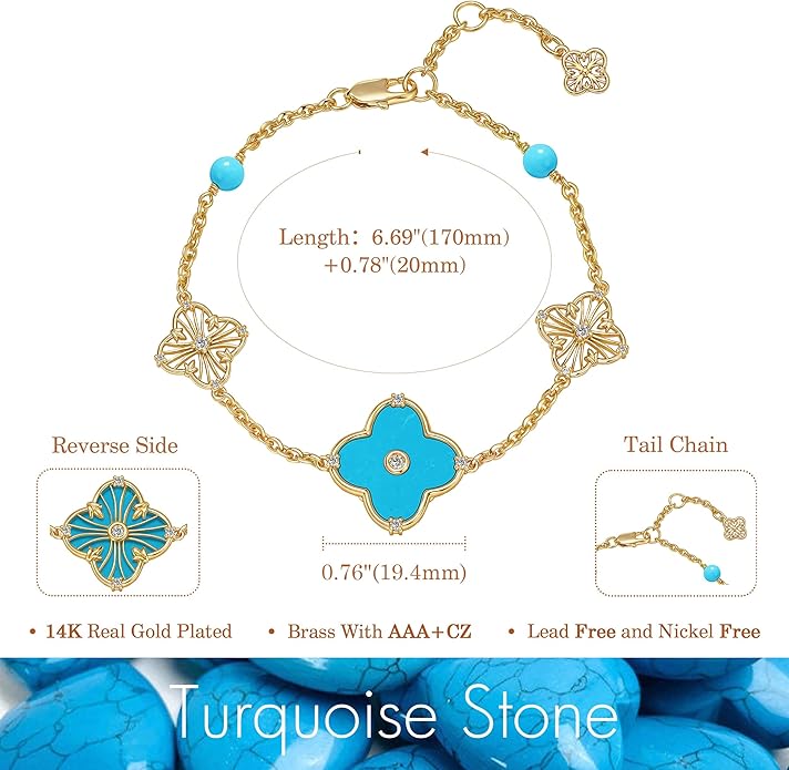 FETERO Gold Bracelets for Women Trendy, Dainty 14K Gold Plated Charm Clover Bracelet 2 Sided Lucky Pendant Cute Pearl Beaded Bracelets Link Chain Waterproof Womens Jewelry Gifts
