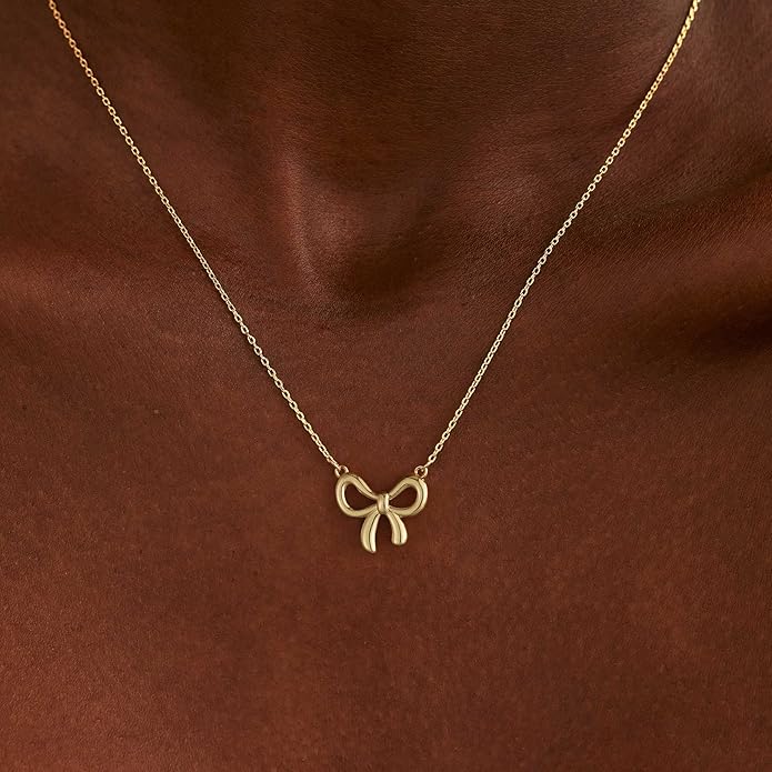 Valentines Day Gifts for Her - Dainty Bow Necklace for Women 14K Gold Plated Cute Choker Small Pendant Charm Necklaces Teen Gift Trendy Stuff Personalized Jewelry