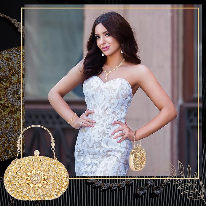 Quelay 4 Pcs Purse Rhinestone Jewelry Set Evening Clutch Bag Bling Crystal Necklace Dangle Earrings Bracelets Accessories