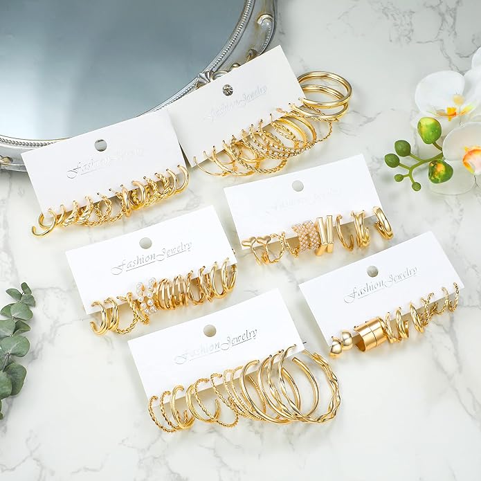 10 Pairs Chunky Gold Earrings for Women, Hypoallergenic Statement Hoops Earring for Multipack, Trendy Gold Chunky Hoop Earrings Jewelry for Gift