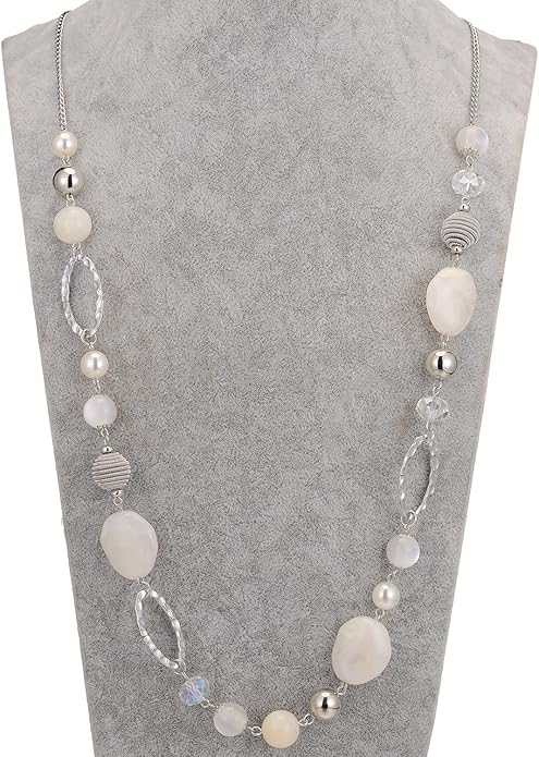 BULINLIN Beaded Long Necklace for Women Silver Sweater Chain Necklace with Crystal Resin Beads, Fashion Jewelry Necklace