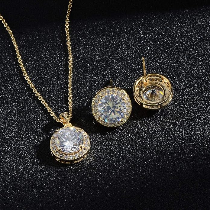 Bridal Crystal Jewelry Set - Sterling Silver Round Cubic Zirconia CZ Rhinestone Halo Birthstone Pendant Necklace Stud Earrings Set for Wedding Bride Bridesmaids Birthday Gift