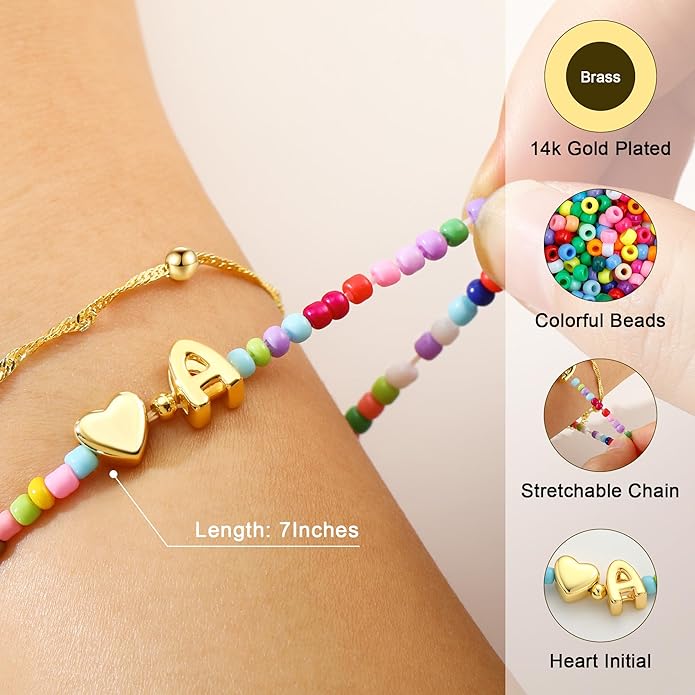 Ursteel Valentines Day Gifts for Kids Teen Girls - 14K Gold Plated Beaded Letter A-Z Bracelet, Layered Stretch Initial Bracelets, Women Trendy Bohemian Jewelry Birthday Gifts
