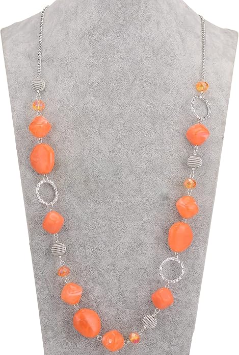 BULINLIN Beaded Long Necklace for Women Silver Sweater Chain Necklace with Crystal Resin Beads, Fashion Jewelry Necklace