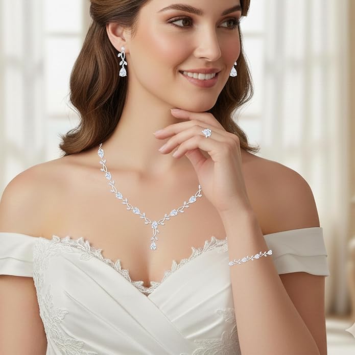 4-Piece Wedding Jewelry Set for Women Platinum Plated Cubic Zirconia Teardrop Necklace Earrings Bracelet Adjustable Ring Bridal Bridesmaid Prom Accessories with Gift Box