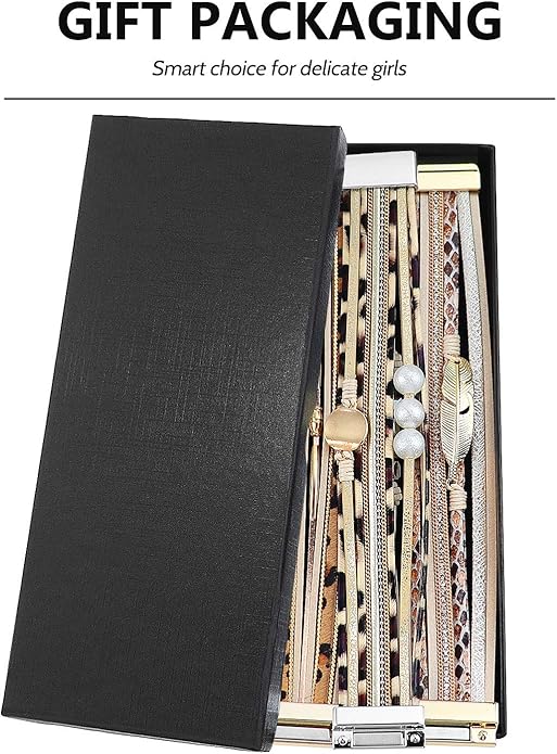 Wowanoo 3Pack Leather Cuff Bracelet Set Multilayer Wrap Bracelet Crystal Feather Tree Bracelet Magnetic Clasp Bracelet for Women