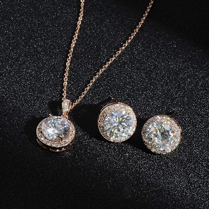Bridal Crystal Jewelry Set - Sterling Silver Round Cubic Zirconia CZ Rhinestone Halo Birthstone Pendant Necklace Stud Earrings Set for Wedding Bride Bridesmaids Birthday Gift