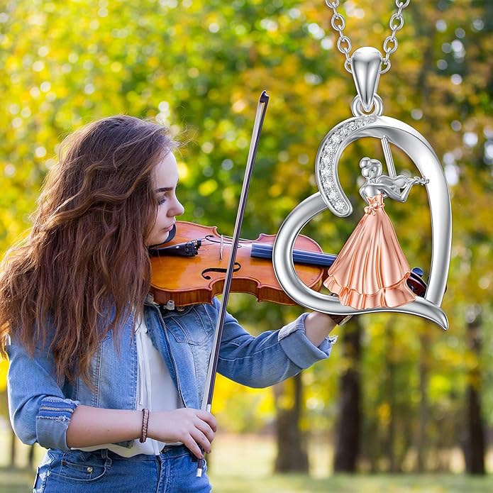 Violinist Necklace Sterling Silver Music Crystal Jewelry Saxophone Cello Violin Piano Flute Music Note Necklace Music Gifts for Women Girl Daughter