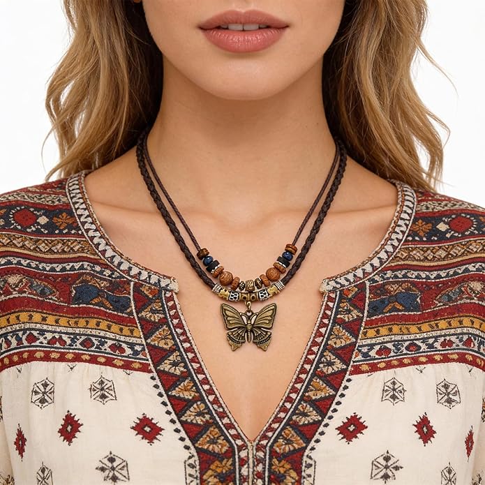 Boho Necklace for Women,Vintage Butterfly Pendant Necklaces,Adjustable Wooden Beads Layered Braided Choker,Fashion Tribal Style Leather Rope Necklace Jewelry,Chunky Statement Gift for Women