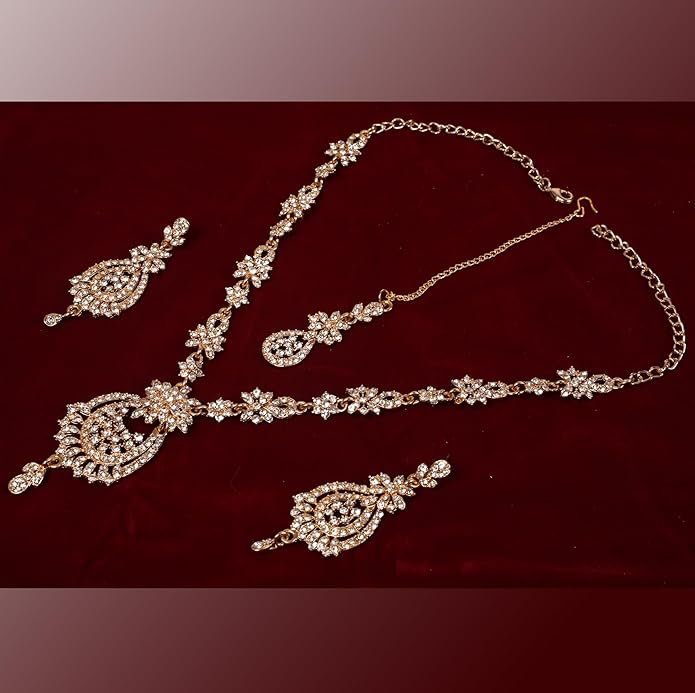 Touchstone Indian jewelry sets for women maang tikka wedding guest gold necklace bollywood jewellery set pageant elegant prom bride accessories western crystal chunky rhinestone necklaces