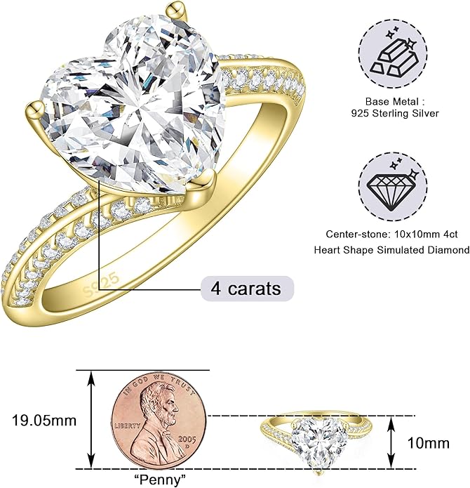 Elspeth 925 Sterling Silver Heart Engagement Ring for Women Heart Cut Cubic Zirconia Promise Ring Size 4-10