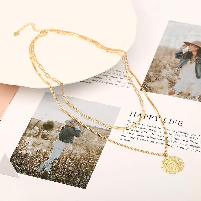 Aobei Pearl 18K Gold Plated Moon Star Lion Evil Eye Love Heart Cross Pendant Necklace Medallion Paperclip Chian Choker Layering Jewery for Women