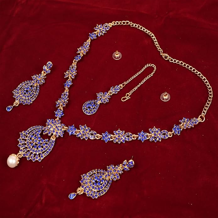 Touchstone Indian jewelry sets for women maang tikka wedding guest gold necklace bollywood jewellery set pageant elegant prom bride accessories western crystal chunky rhinestone necklaces