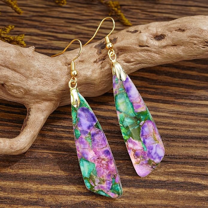 Boho Women Natural Stone Earrings Unique Healing Imperial Jasper Gemstone Energy Hypoallergenic Lightweight Dangle Drop Earrings Multiple Styles Earrings Jewelry for Birthday Party Gift