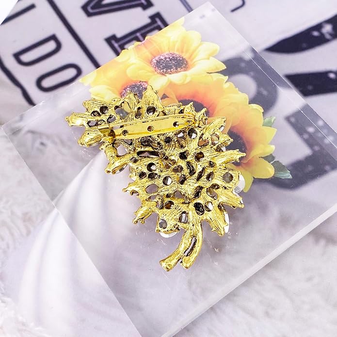 LAXPICOL Vintage Green Austrian Crystal Flower Leaf Bouquet Clusters Large Big Brooch Pin for Women Gold Tone