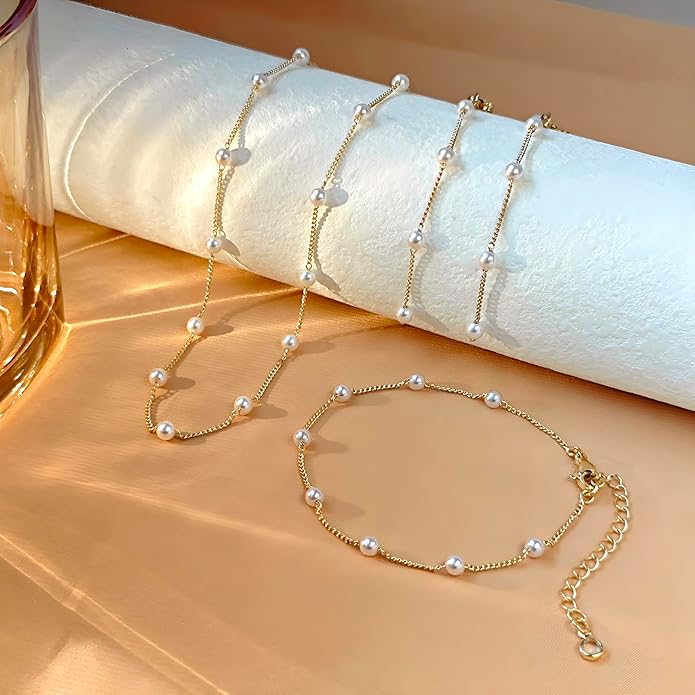 Zeffy Gold Pearl Necklace for Women, Dainty 14K Gold/Silve Plated Layered Pearl Choker Pearl Earrings Pearl Bracelets Wedding Trendy Gold Jewelry Set for Women Gifts
