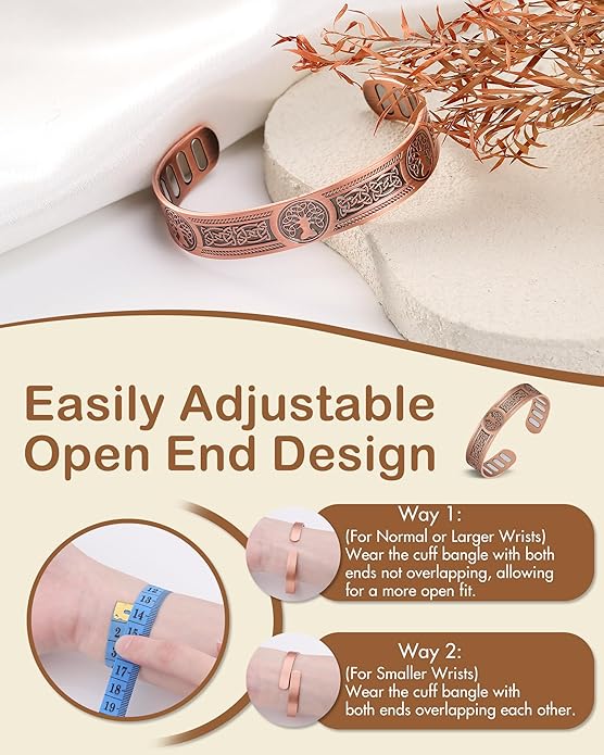 Feraco Copper Bracelet for Men, 5X Ultra Strength Magnetic Cuff Bangle with 5000 Gauss Neodymium Magnets, 99.99% Pure Copper Jewelry Gift, Adjustable
