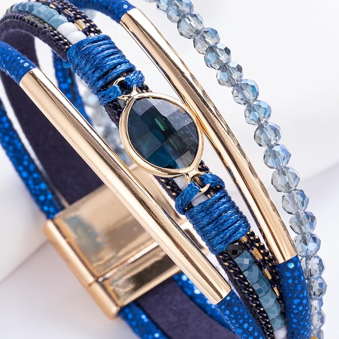 FANCY SHINY Leather Wrap Bracelets Crystal Beads Bracelet Boho Cuff Stone Charm Bracelets with Clasp Costume Jewelry for Women