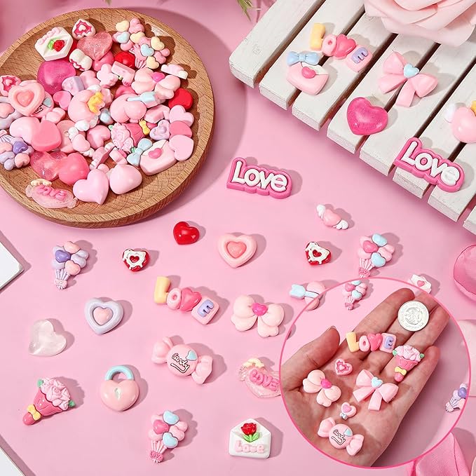 Giegxin 40 Pcs Pink Valentine's Day Resin Charm Love Heart Roses Bow Balloons Flatback Cabochon Accessories Cute Embellishment Bulk for Jewelry Cellphone Case Scrapbooking DIY