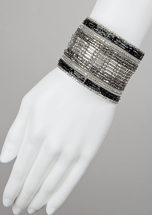 SPUNKYsoul Cuff Bracelets for Women Collection - Adjustable, Stylish Boho Inspired Beaded Bracelets, Trendy Stackable Beads, Ideal for Everyday Wear & Special Occasions (Silver, Black)