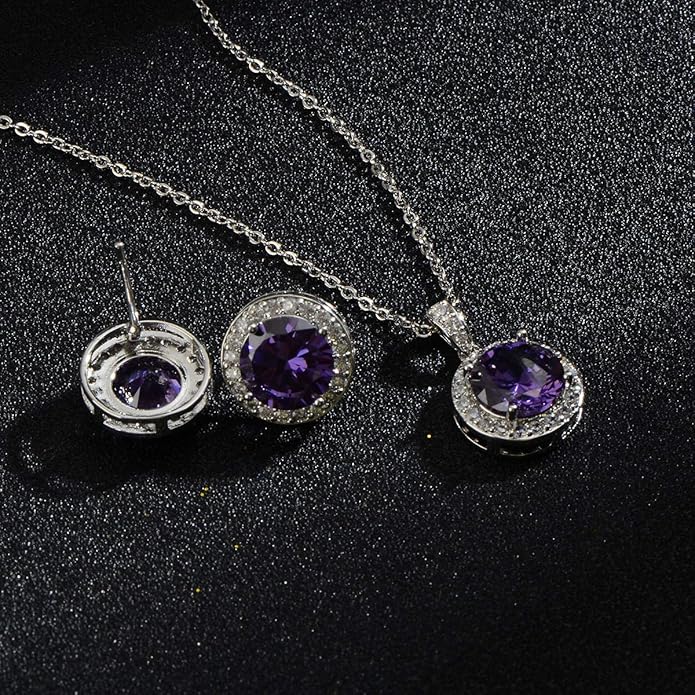 Bridal Crystal Jewelry Set - Sterling Silver Round Cubic Zirconia CZ Rhinestone Halo Birthstone Pendant Necklace Stud Earrings Set for Wedding Bride Bridesmaids Birthday Gift