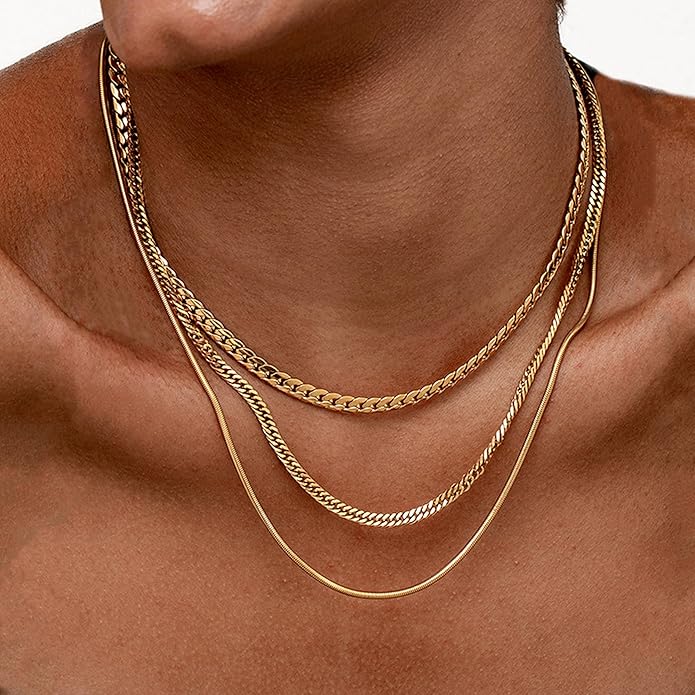 3PCS Gold Necklaces for Women,Chunky Statement Gold Plated Necklace Stack Layered Sterling Silver Herringbone Chains for Women Dainty Trendy Silver Chains Stacked Jewelry Gifts