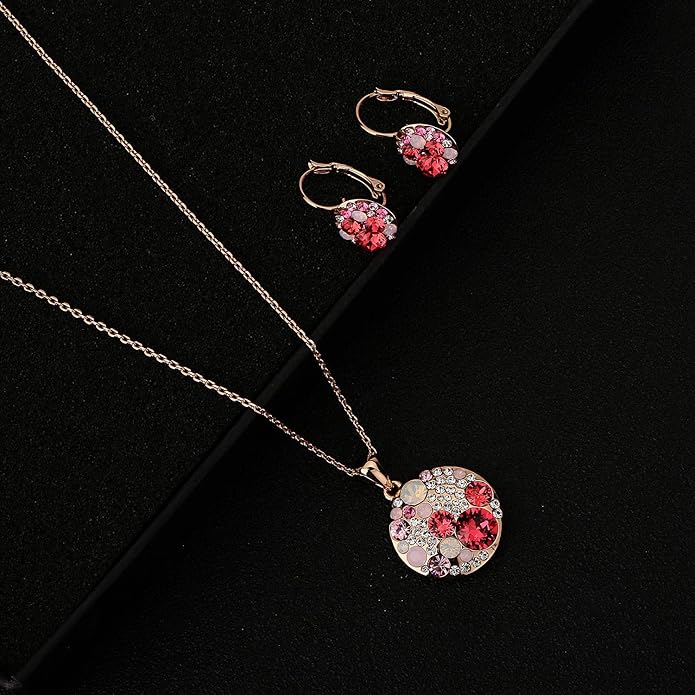 EVEVIC Austrian Crystals Round Disc Pendant Necklace Earrings for Women 14K Gold Plated Hypoallergenic Jewelry Sets