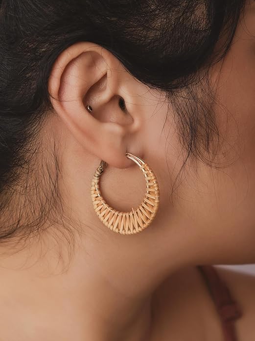 MINACHI Boho Handwoven Rattan Hoop Earrings, Bohemian Summer Beach Statement Jewelry Gift for Women (2)