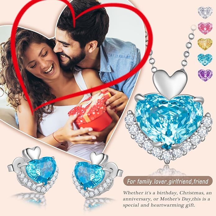Love Heart Necklaces and Earrings with Rose Cut Birthstone Silver Plated Elegant Jewelry Set for Women CS0002