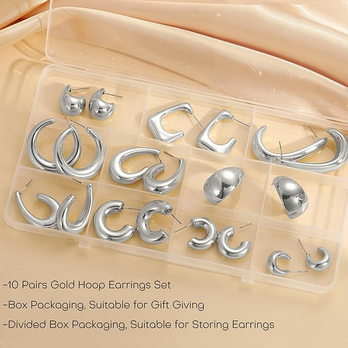 10 Pairs Chunky Gold Earrings for Women, Hypoallergenic Statement Hoops Earring for Multipack, Trendy Gold Chunky Hoop Earrings Jewelry for Gift