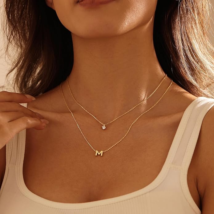 Layered Initial Necklaces for Women, 14k Gold Plated Letter Necklace Set Dainty Gold Initial Necklace Stack Cute Layering Choker Necklaces for Women Trendy Fashion Jewelry