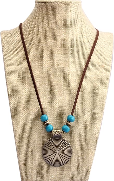 GelConnie Boho Necklaces for Women Vintage Silver Circles Long Pendant Necklace Cowgirl Sweater Necklace Adjustable Leather Choker Necklace for Women