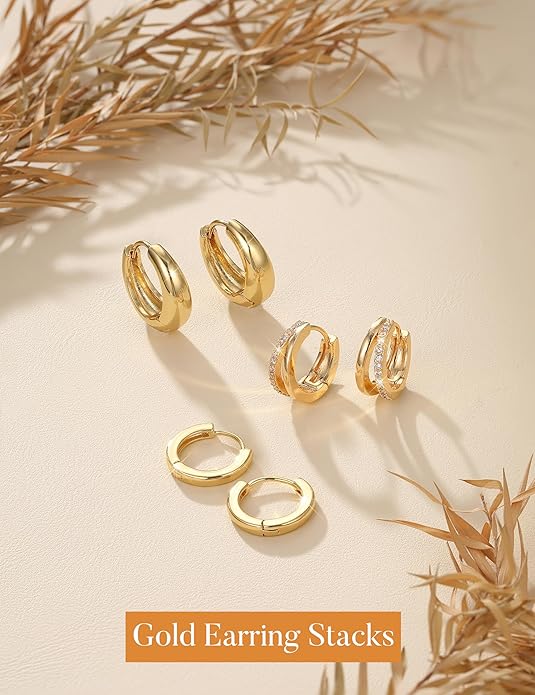 MILACOLATO 3 Pairs Small 14K Gold Plated Hoop Earrings for Women Trendy Hypoallergenic Silver Earring Stacks Huggie Hoops Earring Sets for Multiple Piercing Chunky Double Hoop Jewelry Lightweight