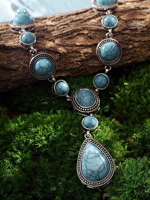 MINACHI Bohemian Created Turquoise Beaded Y-Necklace, Turquoise-toned Multi-shaped Pendant, Dainty Elegant Jewelry for Women
