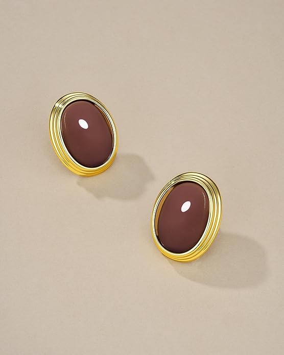 SNGIA18K Gold Plated Burgundy Maroon Red Carnelian Round Oval Ribbed Button Chunky Statement Earrings for Women by SNGIA, Bold Handmade Exaggerated Dome Retro Rounded Button Trendy Bohemian Gemstone Stud Jewelry Gifts, Unique Vintage Baroque Stone Summ...