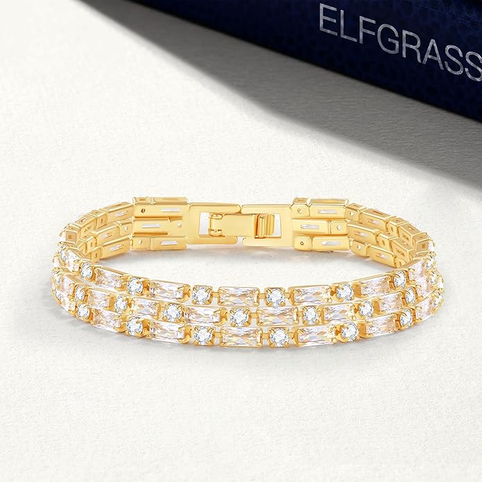 14K Gold Plated Women’s Tennis Bracelet – Sleek CZ Line Bracelet, Fits 6.0"–7.2" Wrist – Sparkly Everyday Jewelry Gift, Contemporary Tennis Bracelets for Women