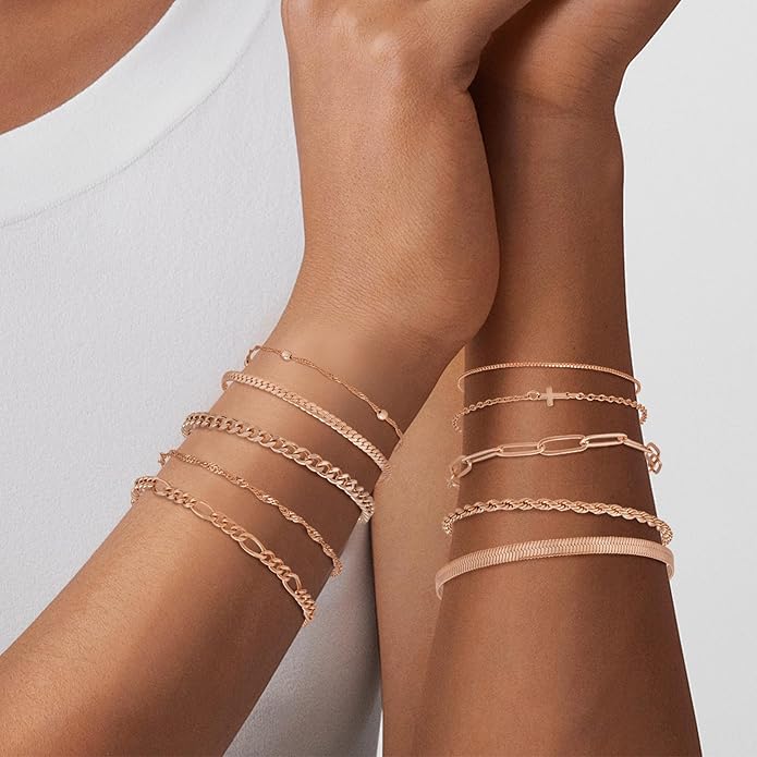 XIANNVXI 10pcs Rose Gold/Gold/Silver Bracelets Stack for Women Dainty Thin Rose Gold Bracelets Set Silver Chain Bracelet Paper Clip Stackable Figaro Herringbone Paperclip Bracelet Pack for Womens