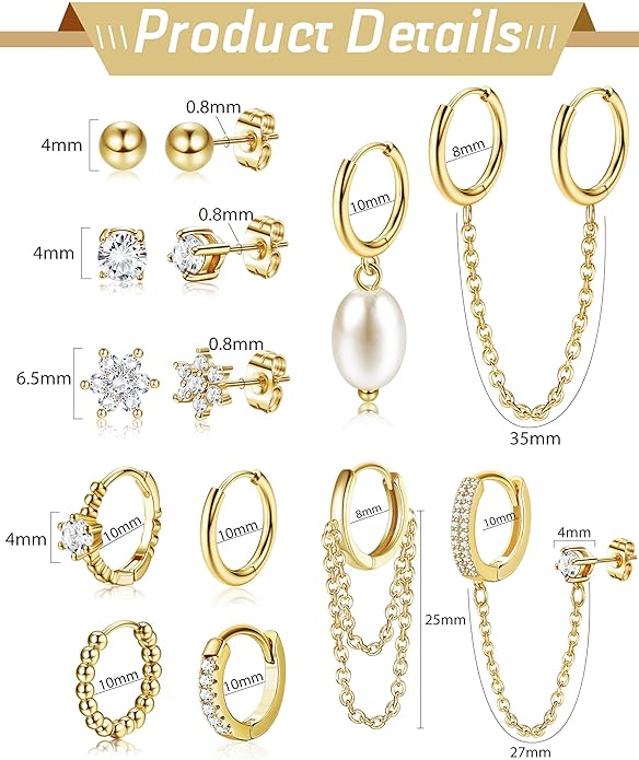 HAIAISO Small 14K Gold Plated Huggie Hoop Earrings for Women Lightweight Double Piercing Chain Earrings Dainty Stud Earrings Hypoallergenic 14K Gold Plated Hoop Earrings Set
