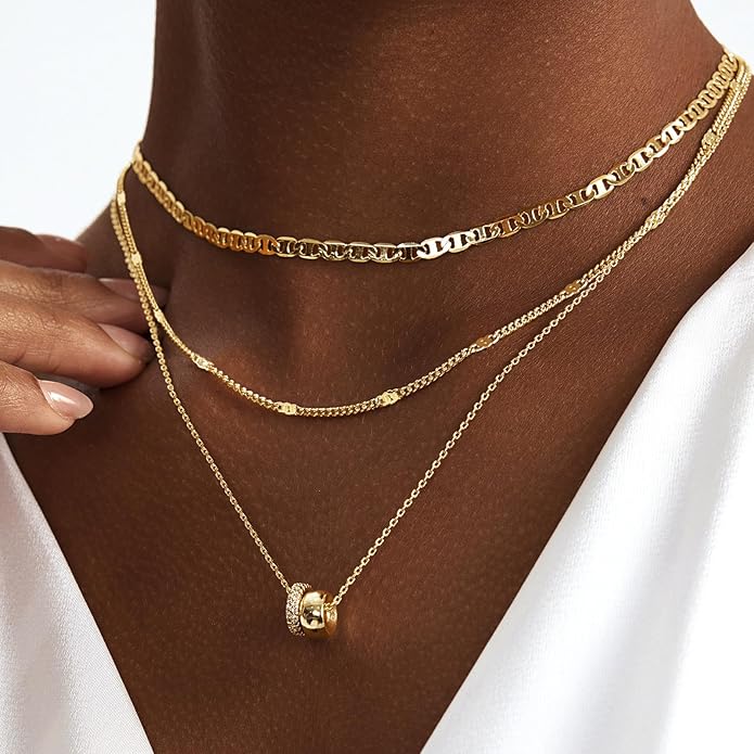 OGD Layered CZ Rondelle Pendant Necklaces for Women, 14K Gold Plated Trendy Mariner Chain Dainty Circle Rondelle Pendant Choker Necklace for Women Two-Toned Cubic Zirconia Gold Necklace