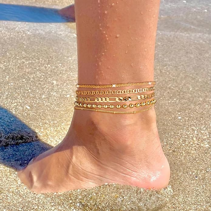 Gold Ankle Bracelets for Women,14k Gold Plated Anklets Waterproof Cuban Link Tennis Herringbone Beaded Chain Anklets Set Layered Anklet Bracelets for Women Adjustable Summer Beach Jewelry 5pcs