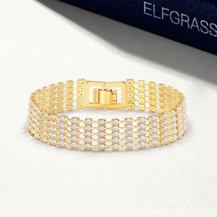 14K Gold Plated Women’s Tennis Bracelet – Sleek CZ Line Bracelet, Fits 6.0"–7.2" Wrist – Sparkly Everyday Jewelry Gift, Contemporary Tennis Bracelets for Women